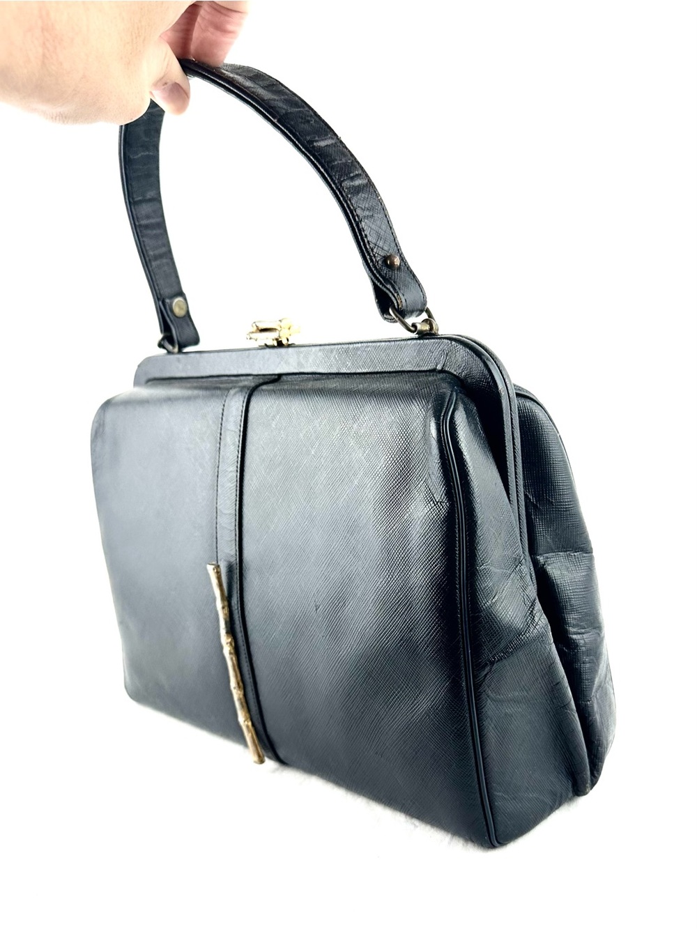 Vintage 1950s Creations by International Black Leather Top-Handle Bag - Picture 2 of 16